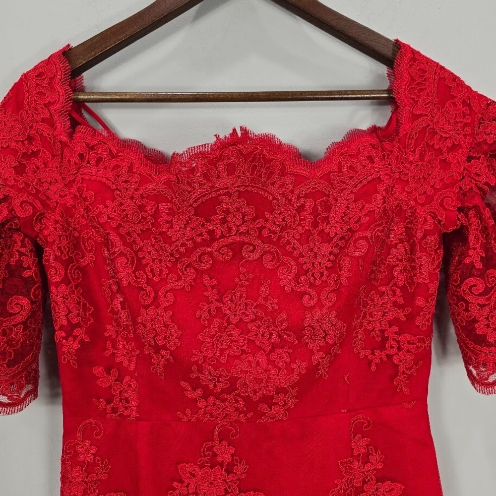 Badgley Mischka Sheath‎ Dress 8 Red Lace Flutter Sleeves Cocktail Romantic - Picture 4 of 16